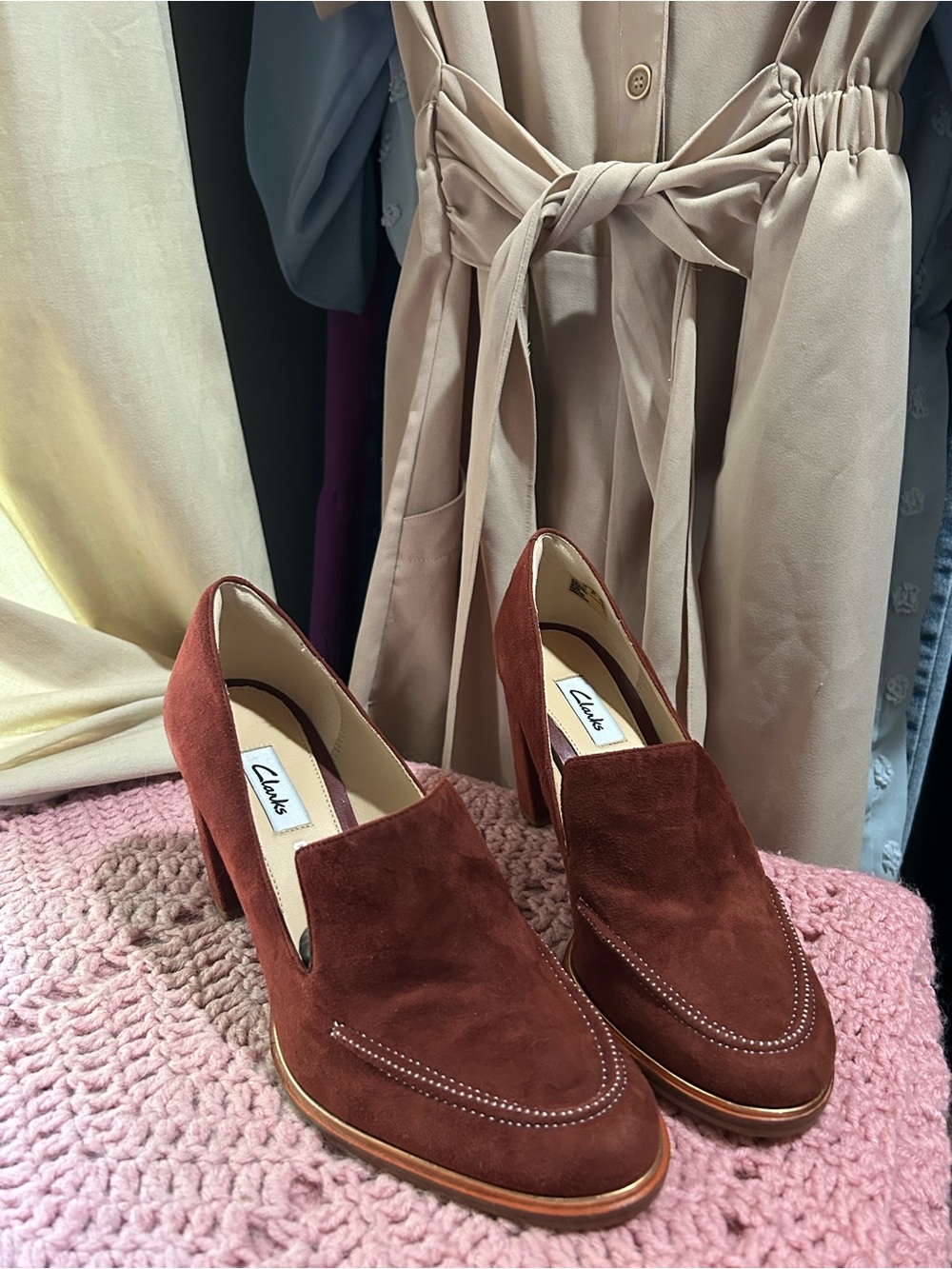 Clarks Women's Rust Suede Block Heel Loafers